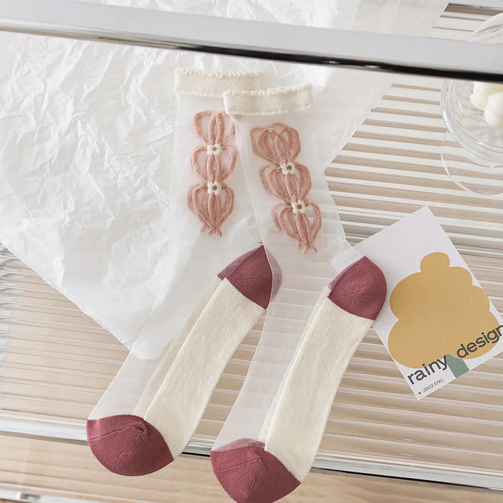 X63 | Floral Summer Sheer Mesh Socks | Mauve2 | Balloons & Flower | One Size